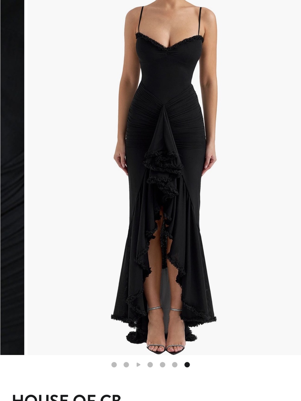 House of CB Black High-Low Ruffle-Front Spaghetti Strap Gown- size small